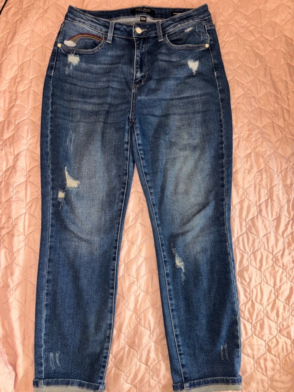 Judy Blue Medium Dark Blue Distressed Boyfriend Jeans